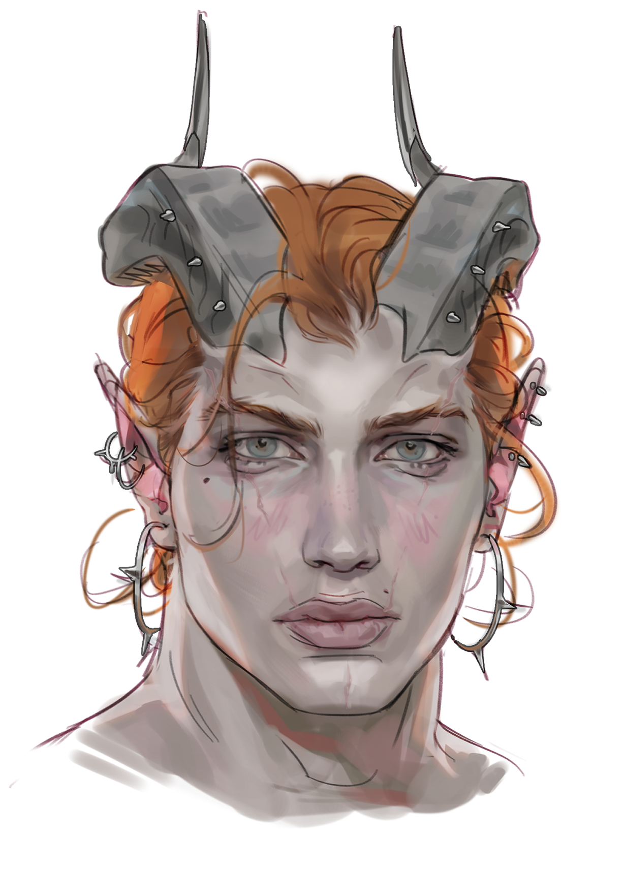 A portrait of Casim Carnarvon. He is a gray-skinned, handsome devil with a slightly androgynous face and long, ginger hair.